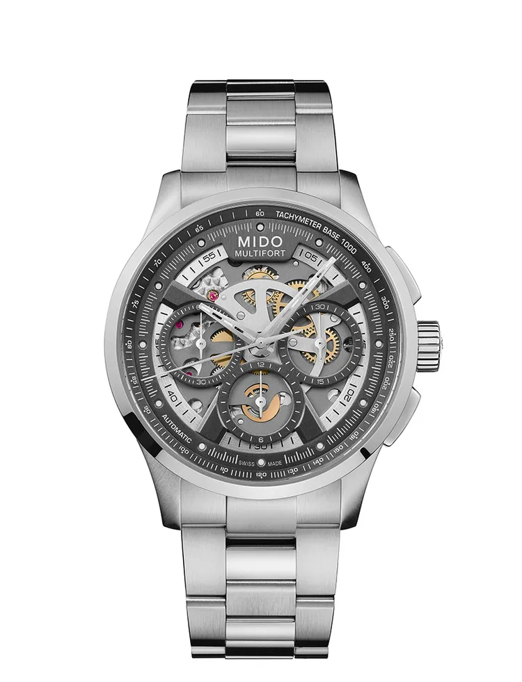 MIDO Multifort Skeleton Chronograph煙灰色，7萬8000元。品牌提供