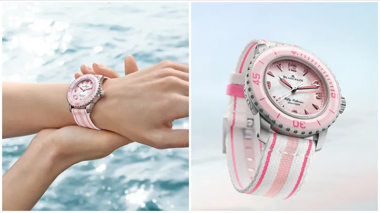 寶珀五十噚潛水自動腕錶俏皮粉，38.2mm，緞面磨砂23級鈦金屬錶殼，粉色漸變珍珠母貝錶盤，NATO錶帶/23級鈦金屬錶鍊，1153型機芯，動力儲存100小時，防水深度300米，價格店洽 。品牌提供