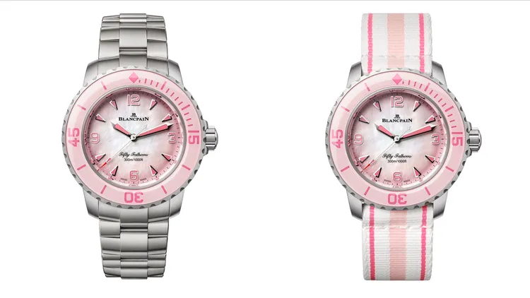 寶珀五十噚潛水自動腕錶俏皮粉，38.2mm，緞面磨砂23級鈦金屬錶殼，粉色漸變珍珠母貝錶盤，NATO錶帶/23級鈦金屬錶鍊，1153型機芯，動力儲存100小時，防水深度300米，價格店洽 。品牌提供