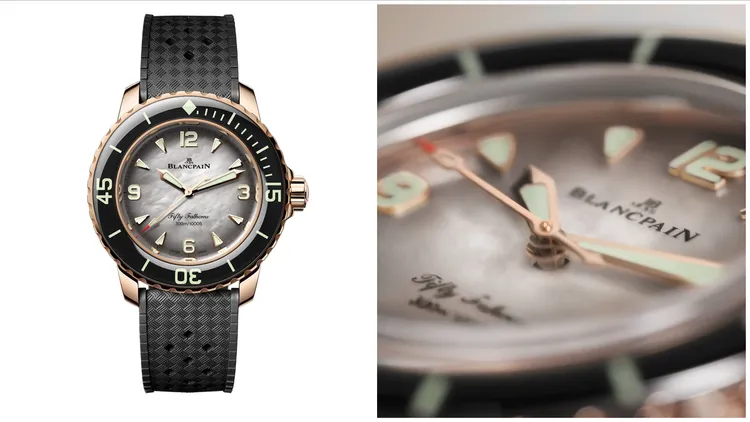 寶珀五十噚潛水自動腕錶極致黑，38.2mm，亮面18K紅金錶殼，黑色漸變珍珠母貝錶盤，Tropic橡膠錶帶（亦備有NATO錶帶、航海帆布錶帶），1153型機芯，動力儲存100小時，防水深度300米，針扣錶91萬3000元、摺疊扣錶帶101萬4000元。品牌提供