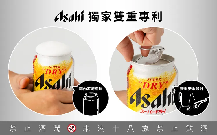 日本朝日集團研發的「極泡罐 (生ジョッキ缶) _ 全開蓋式易開罐」，有獨家雙重專利的「罐內發泡塗層」與「雙重安全罐口」設計。業者提供