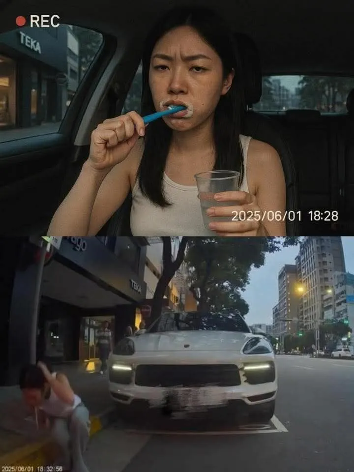 網友嘆「刷牙也上新聞」，遭疑保時捷正妹，鍵盤柯南揪出破綻。翻攝《爆笑公社》