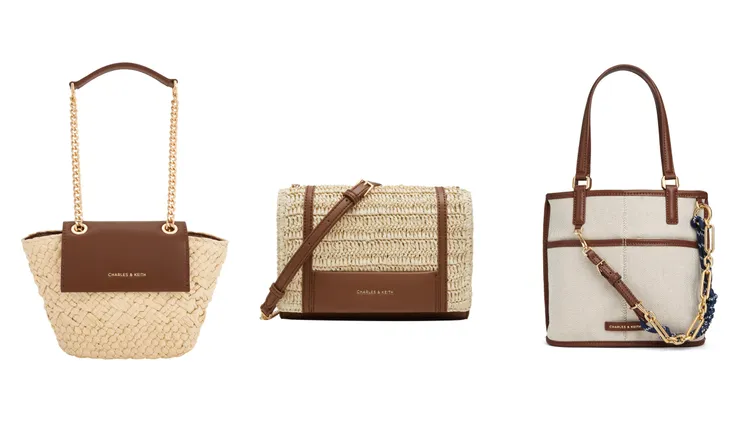CHARLES & KEITH Shalia草編鍊條包（左起）2990元、Shalia草編斜背包2790元、Addison帆布雙面手提包2790元。品牌提供