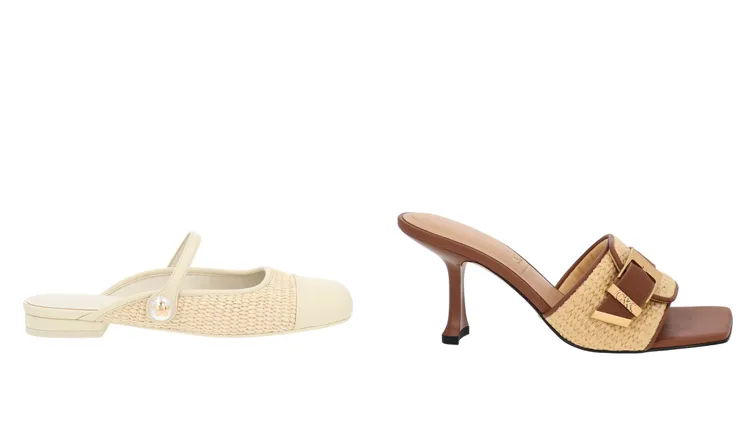 CHARLES & KEITH Aeryn珍珠釦草編穆勒鞋（左）1790元、Whitney草編高跟拖鞋（右）2590元。品牌提供