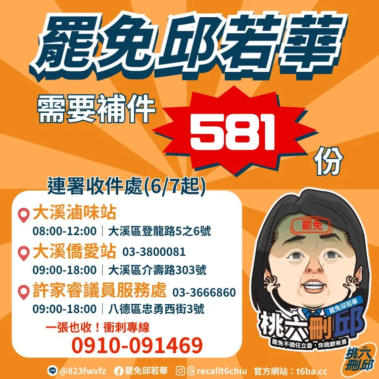 罷免邱若華案，5555份連署書遭剔除，須補件581份。翻攝自「罷免邱若華」臉書