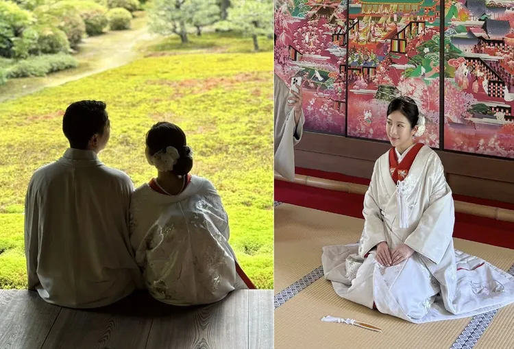 鄭家純曝光與Akira穿日本傳統服裝依偎合影，也曬出老公視角的側拍照(右）。翻攝自鄭家純臉書