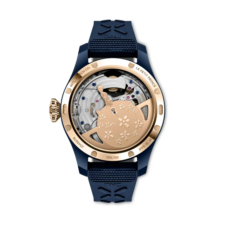 IWC大型飛行員萬年曆小王子陀飛輪腕錶 (型號 IW504901)，46.5mm，藍色陶瓷表額，藍色錶盤，藍色橡膠錶帶，IWC萬國錶自製機芯 51950，動力儲存168小時，防水深度100米，限量100只。品牌提供