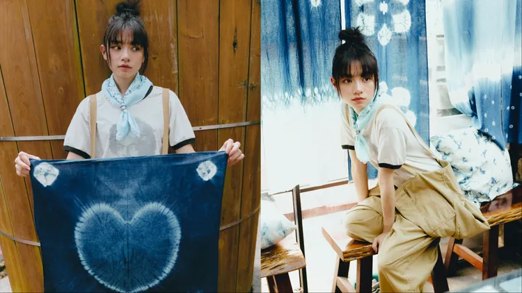 姚愛寗穿著吊帶褲來體驗傳統藍染文化。品牌提供