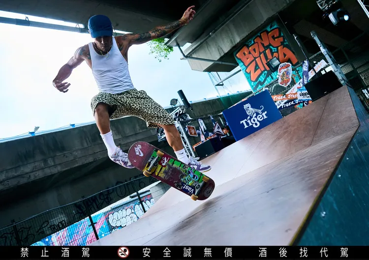 2025虎牌啤酒《Tiger Street 超熱派對》，「滑板教父」SKY將領軍舉辦「Tiger x 9CE 滑板賽」。品牌提供