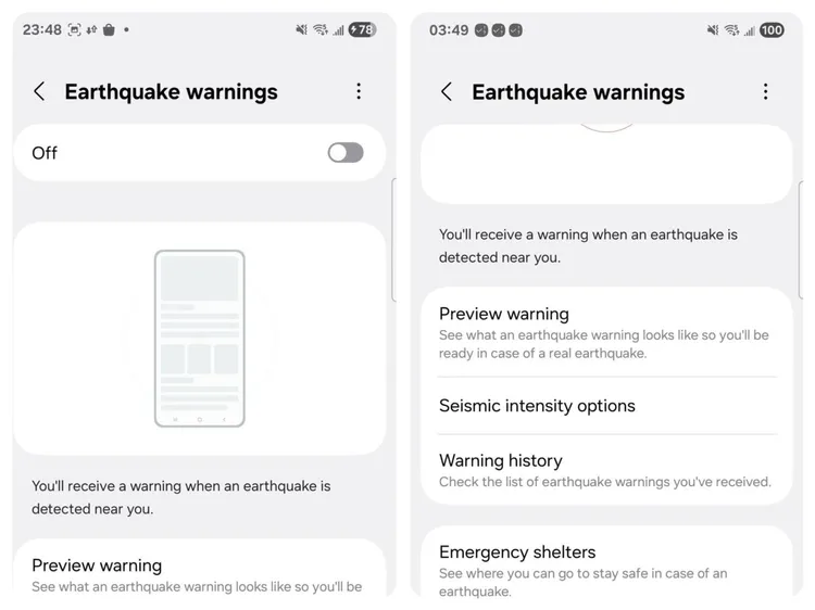 One UI 8終將能自行開啟地震通知。翻攝Galaxy Techie X