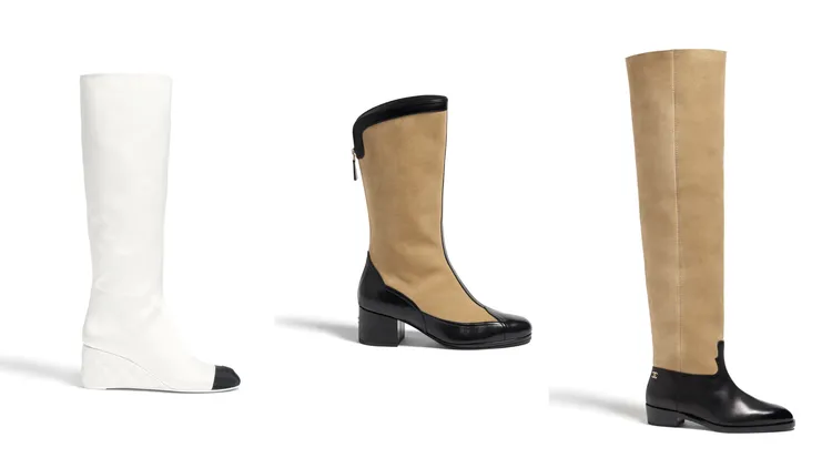 左起：白黑雙色緞面雙C LOGO壓紋菱格紋楔型跟及膝長靴10萬7500元、米黑雙色麂皮拼接中筒靴7萬4100元、米黑雙色麂皮拼接飾以雙C LOGO過膝長靴9萬2800元。品牌提供