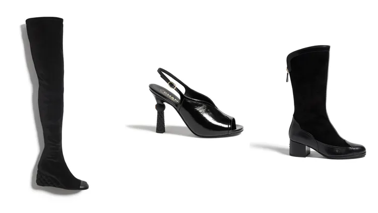 左起：黑色絲絨雙C LOGO壓紋菱格紋楔型跟過膝長靴7萬500元、黑色菱格紋鞋跟露趾高跟涼鞋5萬2100元、黑色麂皮拼接中筒靴7萬8000元。品牌提供