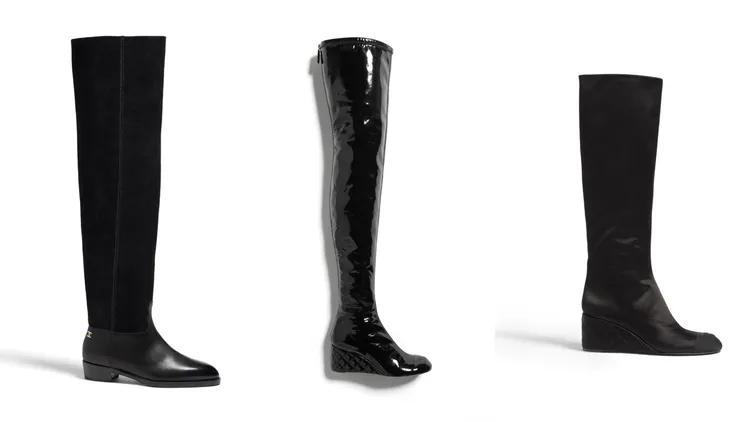 左起：黑色麂皮拼接飾以雙C LOGO過膝長靴9萬2800元、黑色漆皮雙C LOGO壓紋菱格紋楔型跟過膝長靴10萬300元、黑色緞面雙C LOGO壓紋菱格紋楔型跟及膝長靴10萬7500元。品牌提供