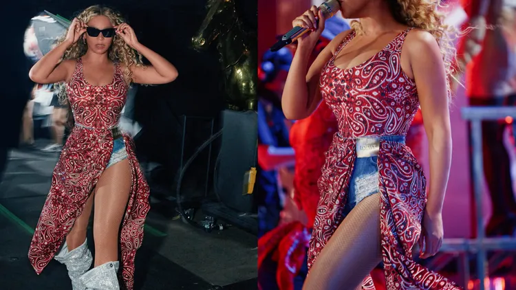 LOEWE為碧昂絲量身打造身鑲滿水晶的佩斯利圖案連身衣，搭配仿舊風格的牛仔短褲，整體造型以披掛式佩斯利圖騰布料作為點綴，華麗又不失率性。品牌提供