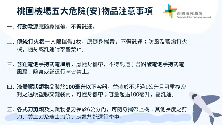 5大安檢危險（安）物品攜帶規定。桃機提供