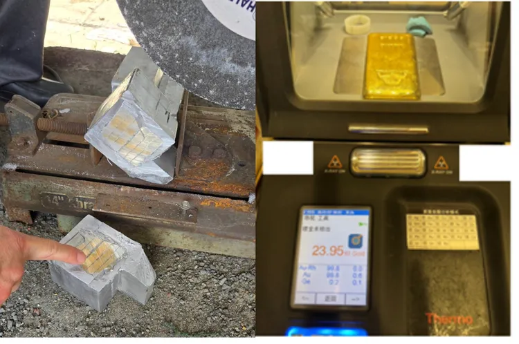 警方發現鉛塊中包有黃金，粗估詐團成員恐已將約300公斤黃金寄出國。翻攝照片