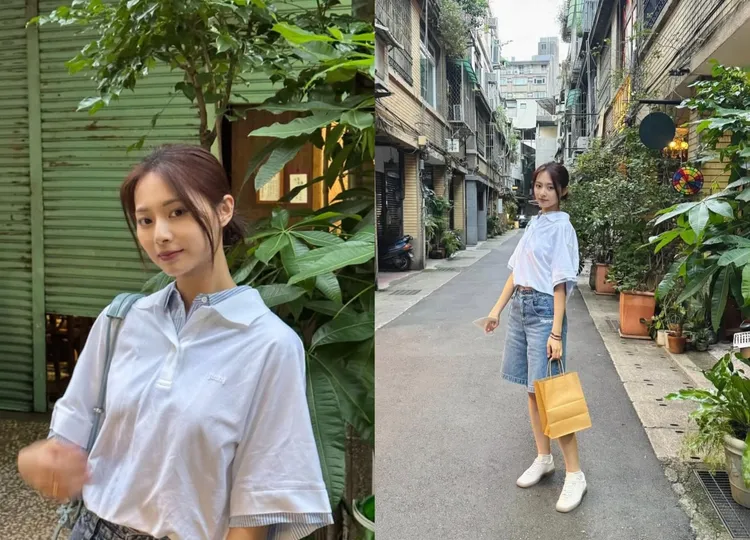 周子瑜以疊搭襯衫配上五分牛仔褲、簡約小白鞋，輕鬆穿出文青風格。翻攝周子瑜IG