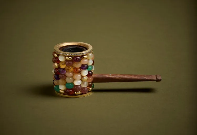 dunhill以經典美式玉米芯煙斗為靈感，將寶石鑲嵌於18K金框架中並環繞著煙斗碗體。品牌提供