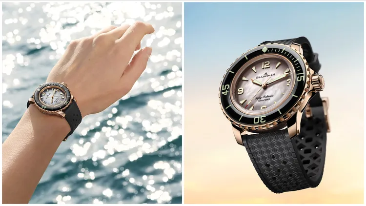 寶珀五十噚潛水自動腕錶極致黑，38.2mm，亮面18K紅金錶殼，黑色漸變珍珠母貝錶盤，Tropic橡膠錶帶（亦備有NATO錶帶、航海帆布錶帶），1153型機芯，動力儲存100小時，防水深度300米，針扣錶91萬3000元、摺疊扣錶帶101萬4000元。品牌提供