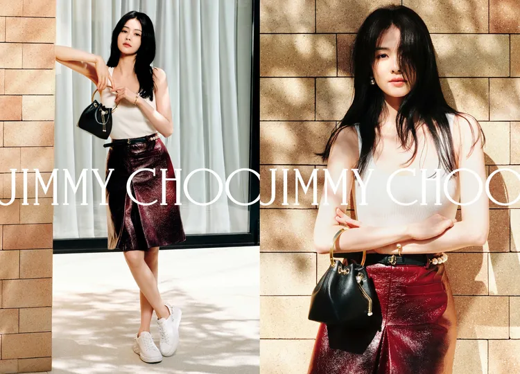 白鹿換上金屬質感的半身裙，搭配經典BON BON手袋。品牌提供