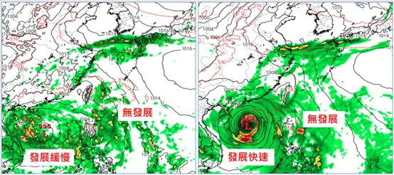 最新（8日20時）歐洲模式（ECMWF）12日上午8時模擬（左）顯示，東側擾動發展機率低、南海擾動發展緩慢；美國模式（GFS）12日上午8時亦有類似模擬（右），但南海擾動發展快速。
。氣象應用推廣基金會