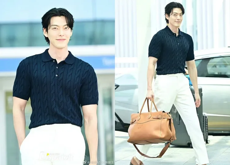 金宇彬在機場時則以麻花針織衫、白色西裝褲，大方秀出精實高挑身材。翻攝微博
