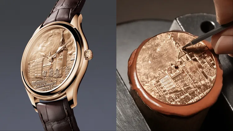 手工雕刻錶盤款運用淺浮雕工法，在厚度僅1毫米的金屬錶盤上重現鐘樓與羅納河場景。品牌提供