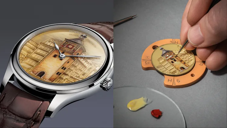 具象機刻雕花與和大明火微繪琺瑯錶盤款，黑色建築物輪廓以手工機刻雕花工藝繪製，中央的Tour de l’Île鐘樓以大明火微繪琺瑯工藝繪製。品牌提供
