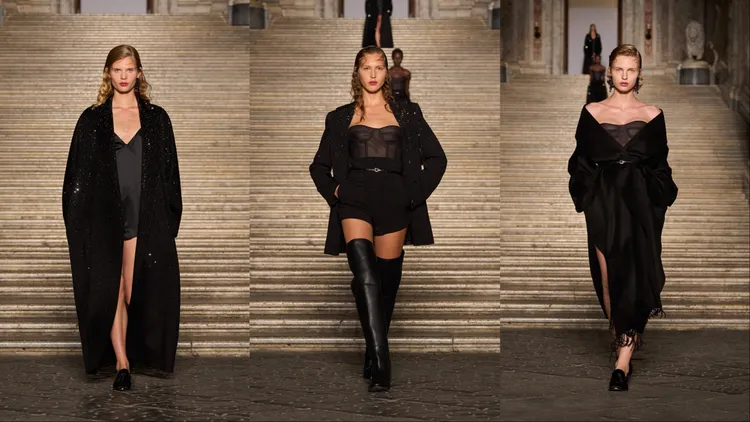 晚裝將厚實面料綴以水晶裝飾並襯托出薄紗內襯，優雅又性感。品牌提供