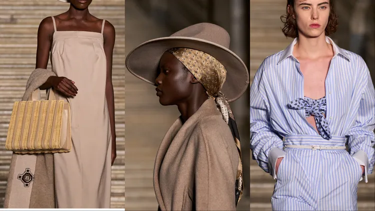 Whitney包、斜切軟呢帽、絲綢上的領帶印花，都成為造型亮點之一。品牌提供