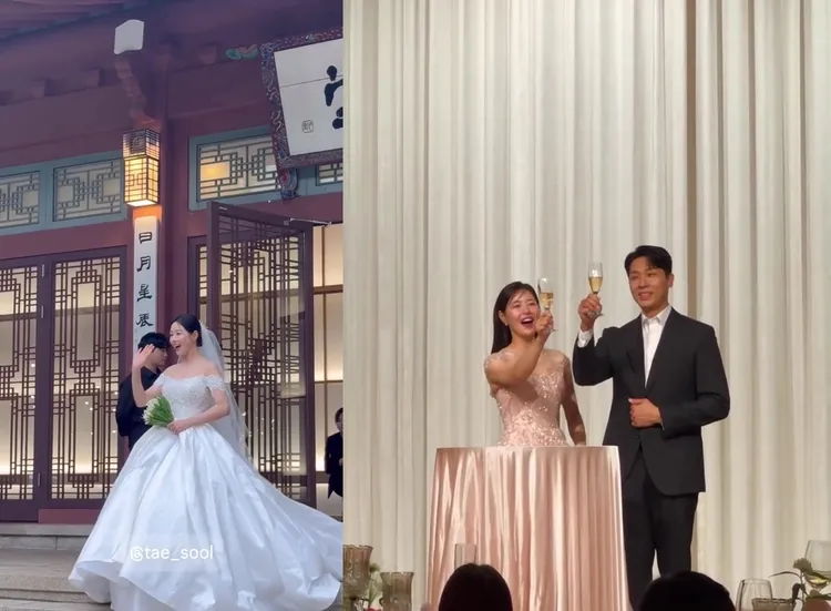 朴荷娜今天披白紗出嫁，與新郎金泰術高舉酒杯慶祝。翻攝IG