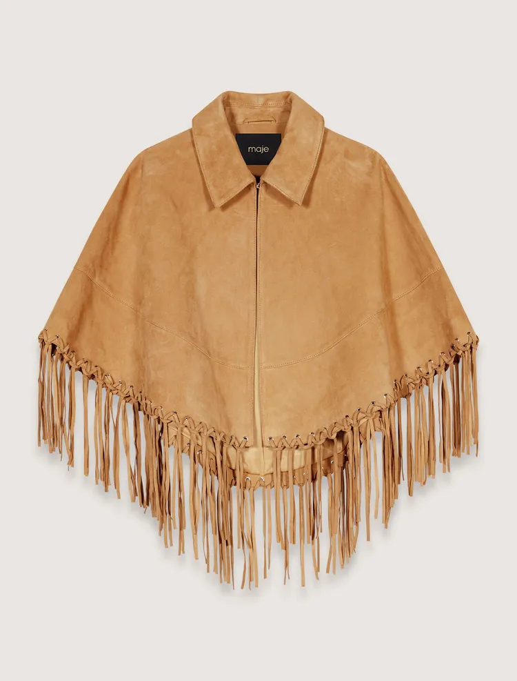 Maje短版麂皮流蘇外套，2萬1790元。品牌提供
