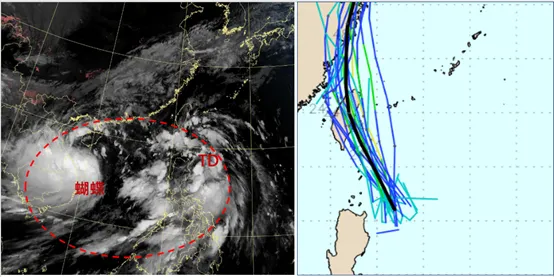 原橫跨菲律賓的大低壓環流内有兩個熱帶擾動發展（左），西側已率先生成颱風「蝴蝶」、東側則成了結構鬆散的熱帶低壓；最新（11日20時）歐洲系集模式（ECMWF）路徑模擬圖（右）顯示，熱帶低壓將朝台灣直撲而來。氣象應用推廣基金會
