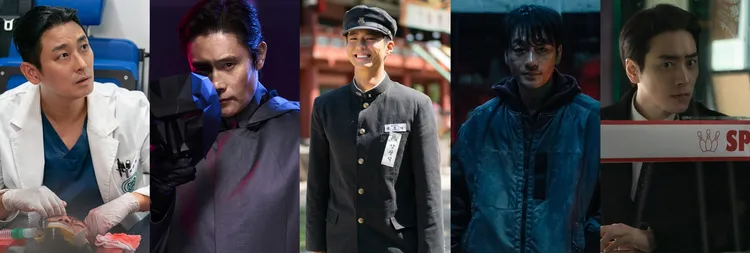 視帝由《外傷重症中心》朱智勛（左圖起）、《魷魚遊戲2》李秉憲、《苦盡柑來遇見你》朴寶劍、《惡緣》朴海秀、《或好或壞的東載》李浚赫角逐。Netflix、friDay影音提供