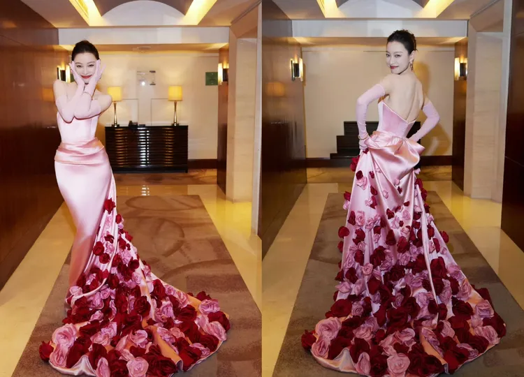 倪妮身上的粉色玫瑰洋裝出自設計師品牌Tamara ralph 2024秋冬高訂。翻攝倪妮工作室微博