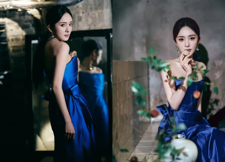 身為「紅毯資優生」的楊冪，換上Schiaparelli寶藍色緞面禮服發揮女神氣場。翻攝楊冪工作室微博