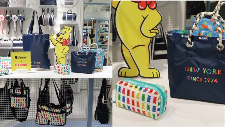 LeSportsac將軟糖品牌HARIBO的俏皮形象轉化為繽紛印花。品牌提供