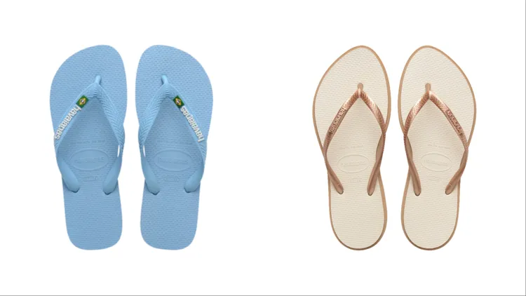 Havaianas Brasil logo拖鞋（左）1150元、Slim Point拖鞋（右）1350元。品牌提供