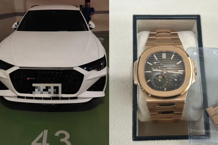 警方查扣現金70萬元、名錶(圖右)、奧迪豪車(圖左)、精品與大量電子設備。警方提供