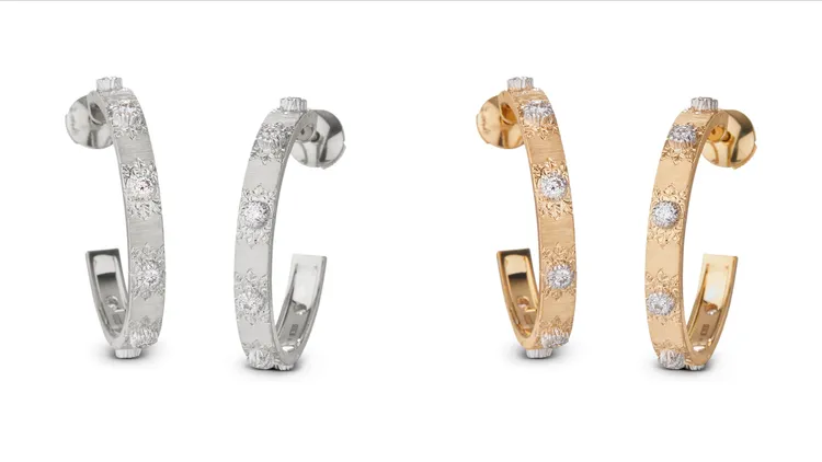 Macri 系列圈形耳環，白金（左圖）、黃金與白金（右圖）。品牌提供