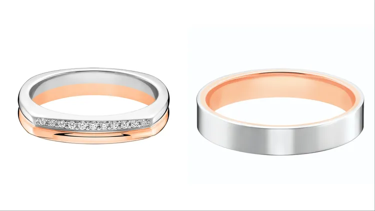 Qeelin Tien Di系列鉑金玫瑰金美鑽戒指（左）9萬2500元、Wei Yi系列鉑金玫瑰金3.5毫米戒指（右）3萬9500元。品牌提供