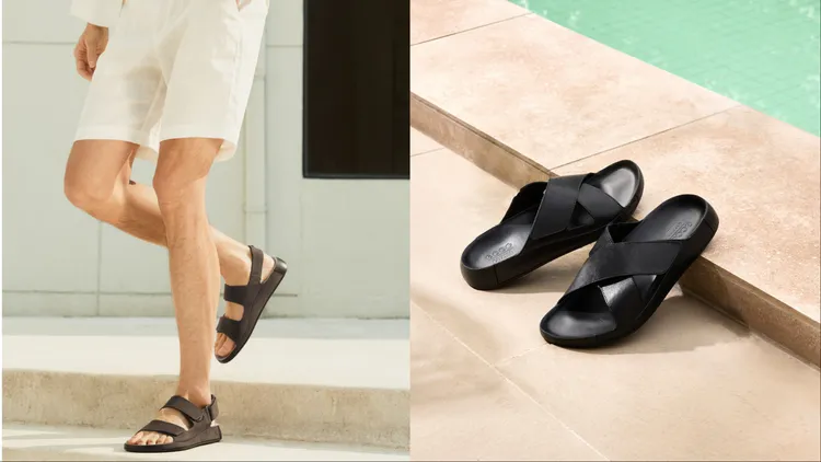 ECCO「COZMO科摩」男款休閒涼拖鞋（左）4980元、男款交叉帶涼拖鞋（右）5980元。品牌提供