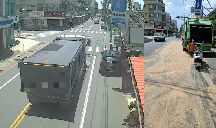 大貨車疑似洩漏油汙，造成機車「犁田」，環保局派員清理，並將追查開罰。民眾提供