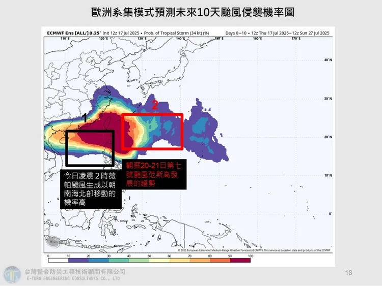 7月20日至21日於台灣東南方的熱帶系統（目前命名為第7號颱風「范斯」）。翻攝自賈新興臉書