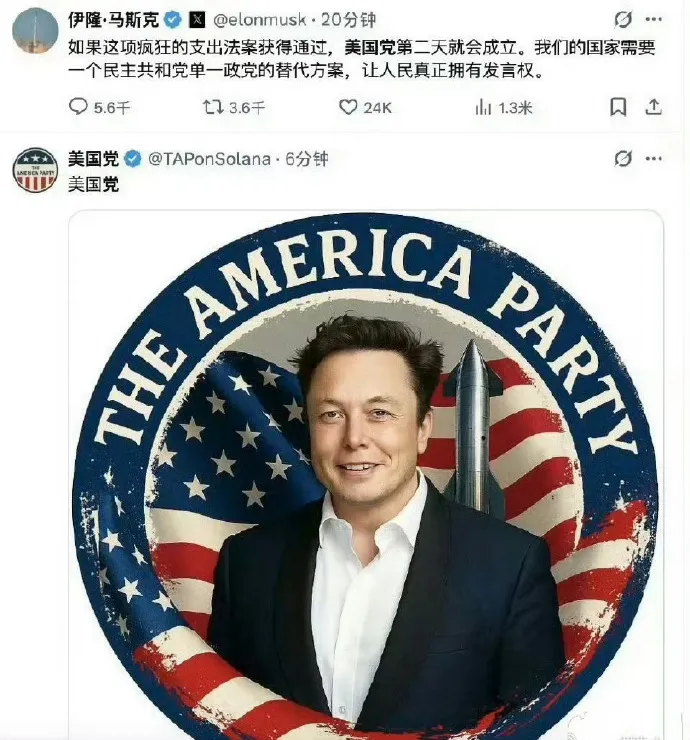 馬斯克揚言要創新政黨跟川普抗衡，引起中國網友熱議。翻攝微博