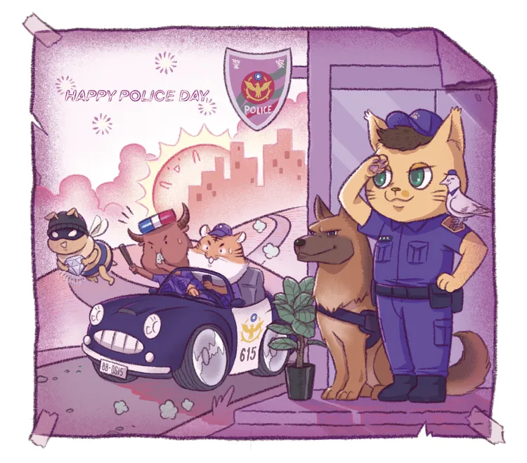 劉員有繪畫、設計專長，辦過展覽，也會替服務單位設計臂章、周邊。嘉義市警局提供