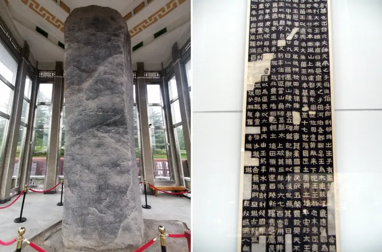 中國吉林省集安市高句麗「好太王」陵寢的好太王石碑與拓本。翻攝wiki/Koguryo Folk Park