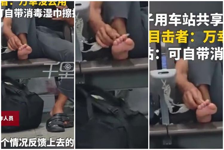 影片別點...廣州赤腳哥踩候車椅　公用充電線頭摳腳趾縫
