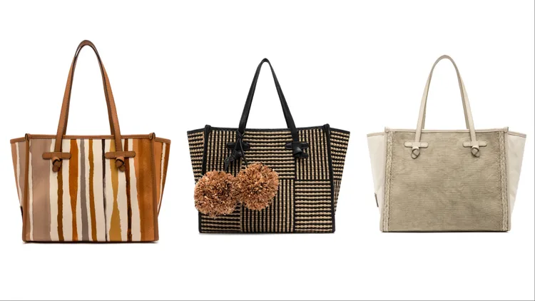 Gianni Chiarini Marcella彩虹印花托特包（左起）1萬2800元、Marcella條紋蓬球托特包1萬4800元、Marcella石洗帆布托特包1萬3800元。品牌提供