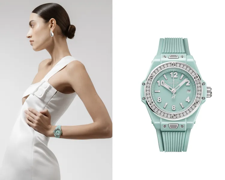 HUBLOT Big Bang One Click薄荷綠陶瓷鑽錶，33mm，拋光薄荷綠陶瓷錶殼，光澤薄荷綠錶盤，薄荷綠立體橡膠錶帶，HUB1120 自動上鍊機芯，動力儲存約40小時，防水深度100米54萬元。品牌提供